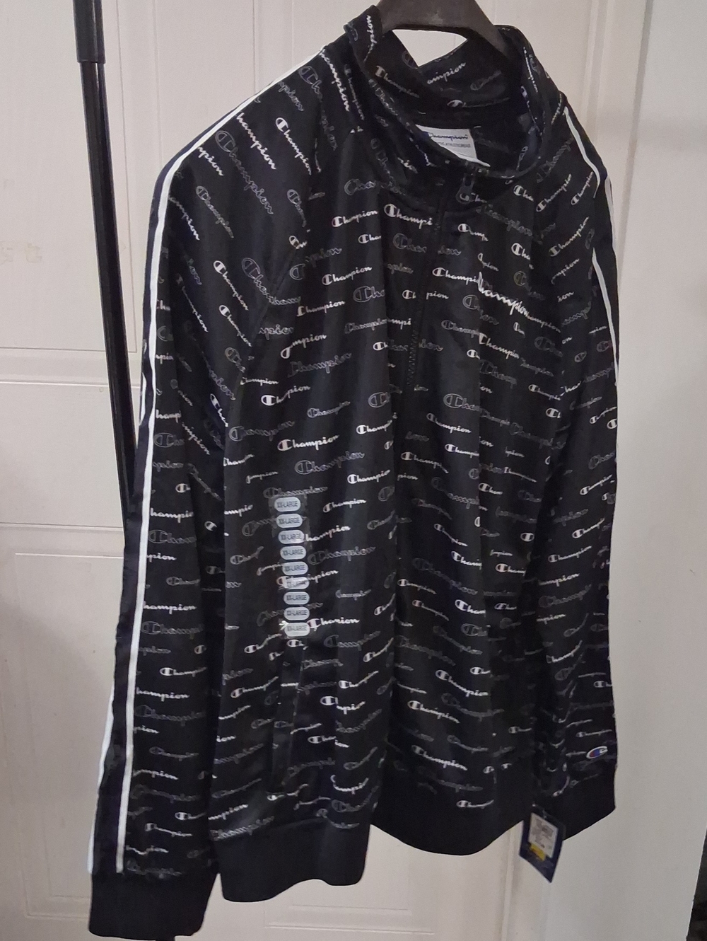 Champion Black Logo-Print Track Windbreaker with White Stripes Sleeves Size XXL